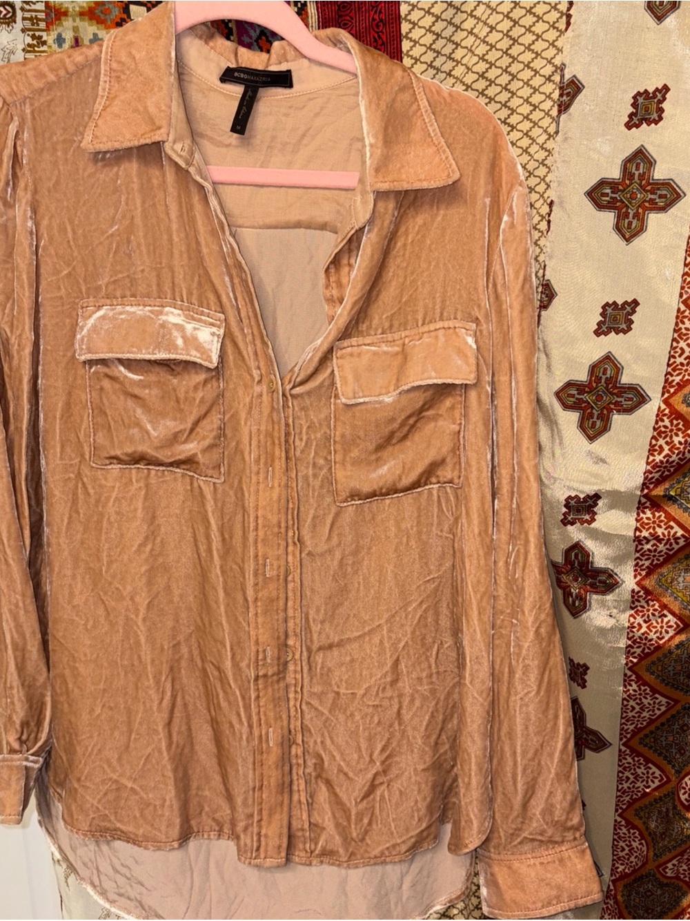 BCBG Maxazria top blouse velvet velour peach pockets button down long sleeve M